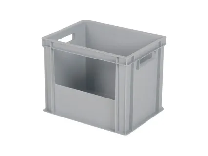 Kunststof Euronorm magazijnbakken 400x300 mm met grijpopening. Stapelbaar, levensmiddelengeschikt en ideaal voor magazijn en orderpicking.